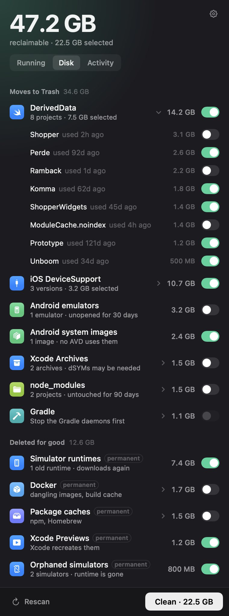 The Disk tab: 47.2 GB reclaimable, with DerivedData per project, iOS DeviceSupport, Android emulators and system images, Xcode Archives, node_modules and Gradle under Moves to Trash, and simulator runtimes, Docker, package caches and Xcode Previews under Deleted for good.