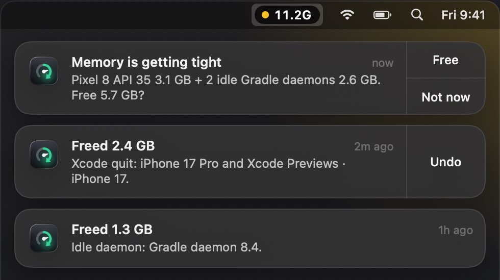 Three Ramback notifications under the menu bar: Memory is getting tight, Pixel 8 API 35 3.1 GB plus 2 idle Gradle daemons 2.6 GB, free 5.7 GB? Then Freed 2.4 GB when Xcode quit, with Undo, and Freed 1.3 GB from an idle Gradle daemon.